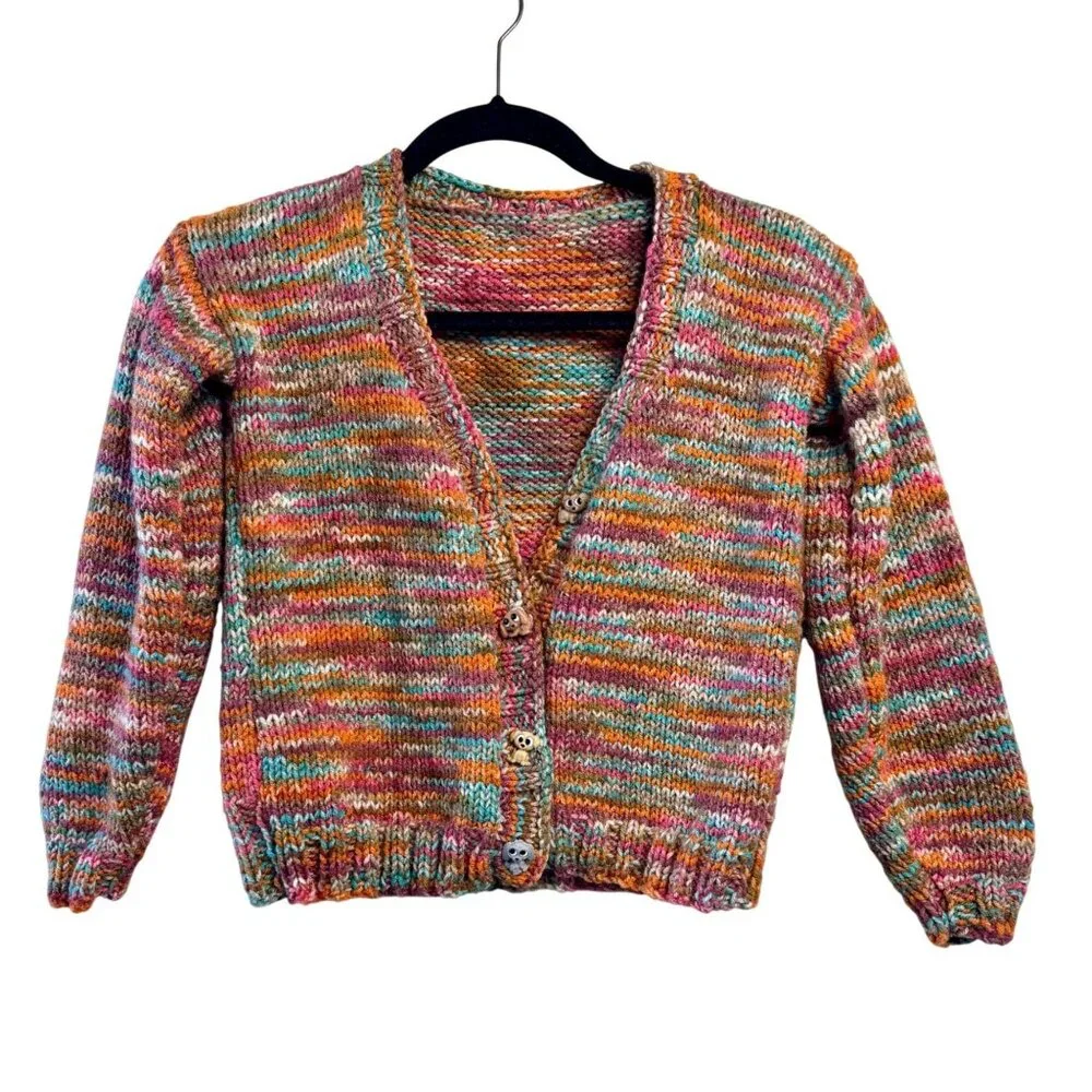 HAND KNIT Oversized Multicolor Cardigan Girls 8 Dog Buttons Handmade Sweater - Picture 1 of 9